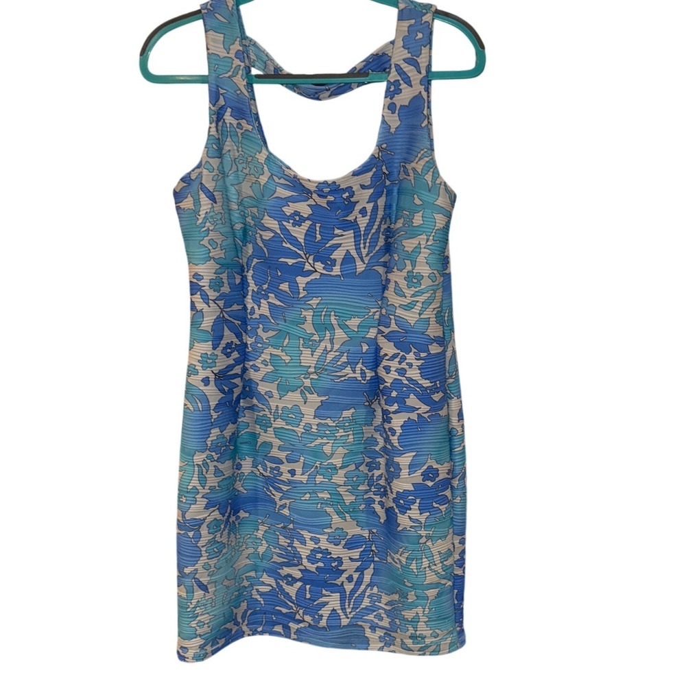 Jennifer Lopez Blue Floral Ribbed Cutout Back Sleeveless Mini Dress L